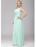 One Shoulder Mint Green Chiffon Pleated Maxi Bridesmaid Dress